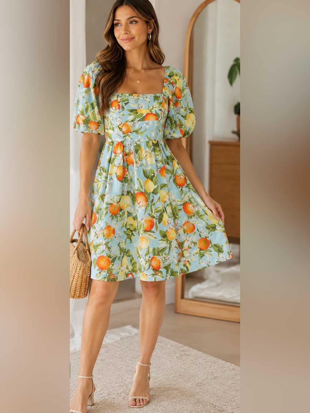 Free Assembly Citrus Print Puff Sleeve Dress – XS